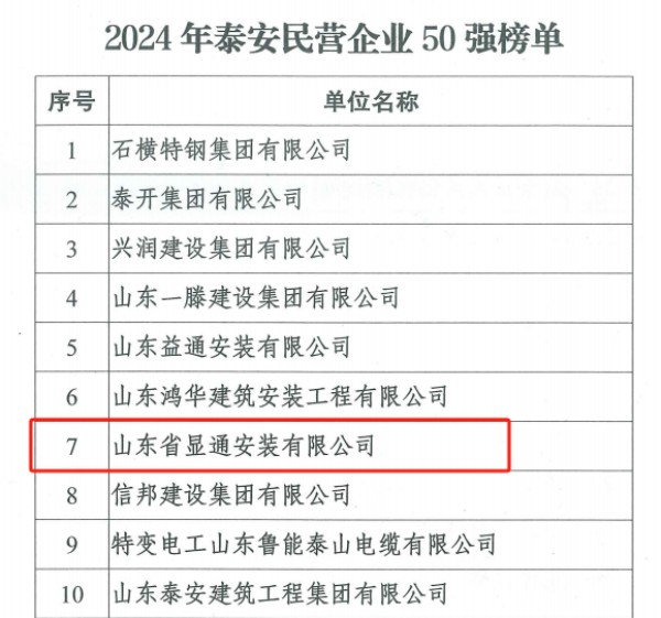 公司蟬聯(lián)泰安民營(yíng)企業(yè)50強(qiáng)